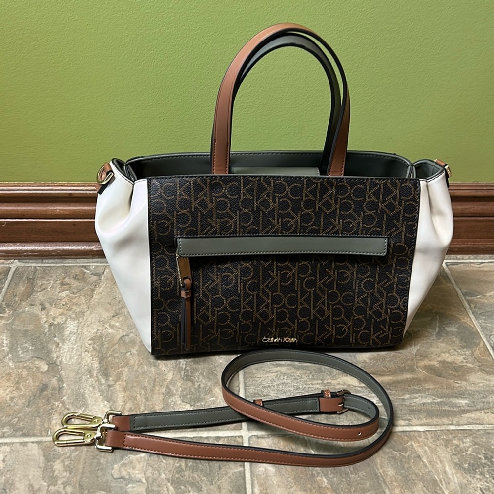 Calvin Klein leather Brown/Cream satchel handbag purse with Gold hardware